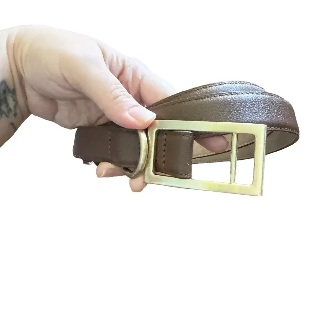 Talbots Factory Genuine Leather Upper Belt Gold Rectangular Buckle EUC L Brown